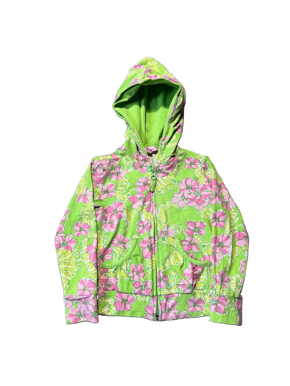 Lilly Pulitzer Girls Size 4 Zip Up Hoodie Sweater Full Zip Pink Green Floral